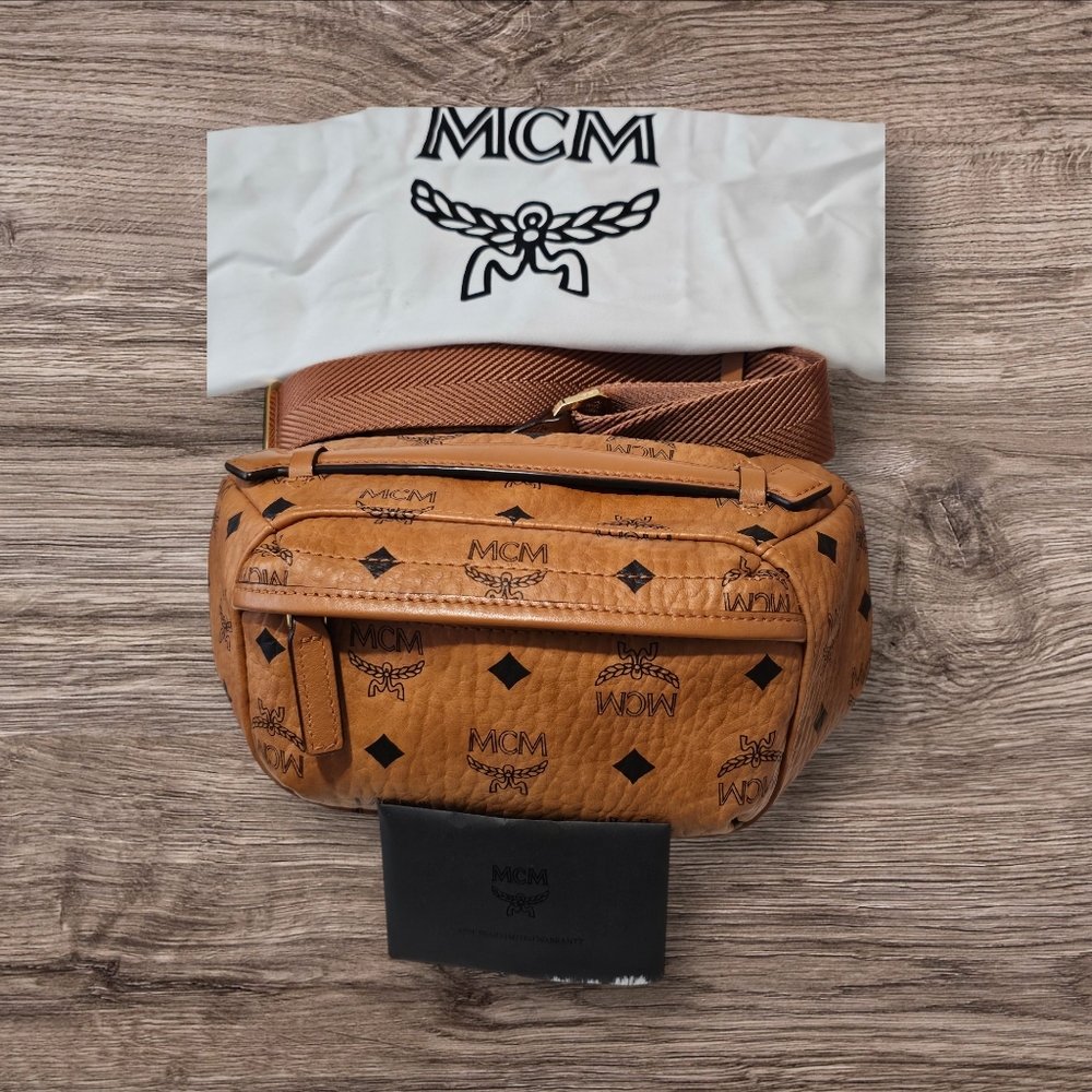 MCM Logo Visetos Cognac Belt Crossbody Fanny Pack